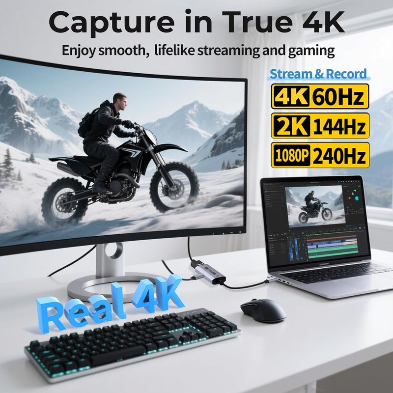 Guermok 4K USB3.0 Video Capture Card with PD 100W, 4K@60FPS or 2K@144FPS HDMI to USB-A/C Capture Card for Streaming, Works with Pad, Tablet, MacOS, Switch2/1, Laptop, PC, Camera, VR, Silver - Image 4
